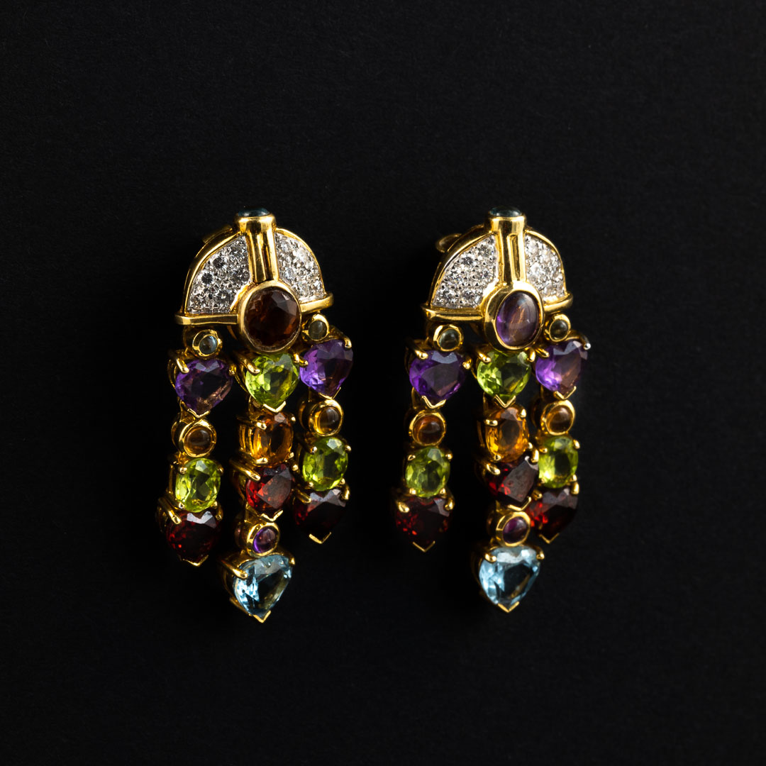 Orecchini in oro 18kt, diamanti e pietre naturali varie - immagine 2