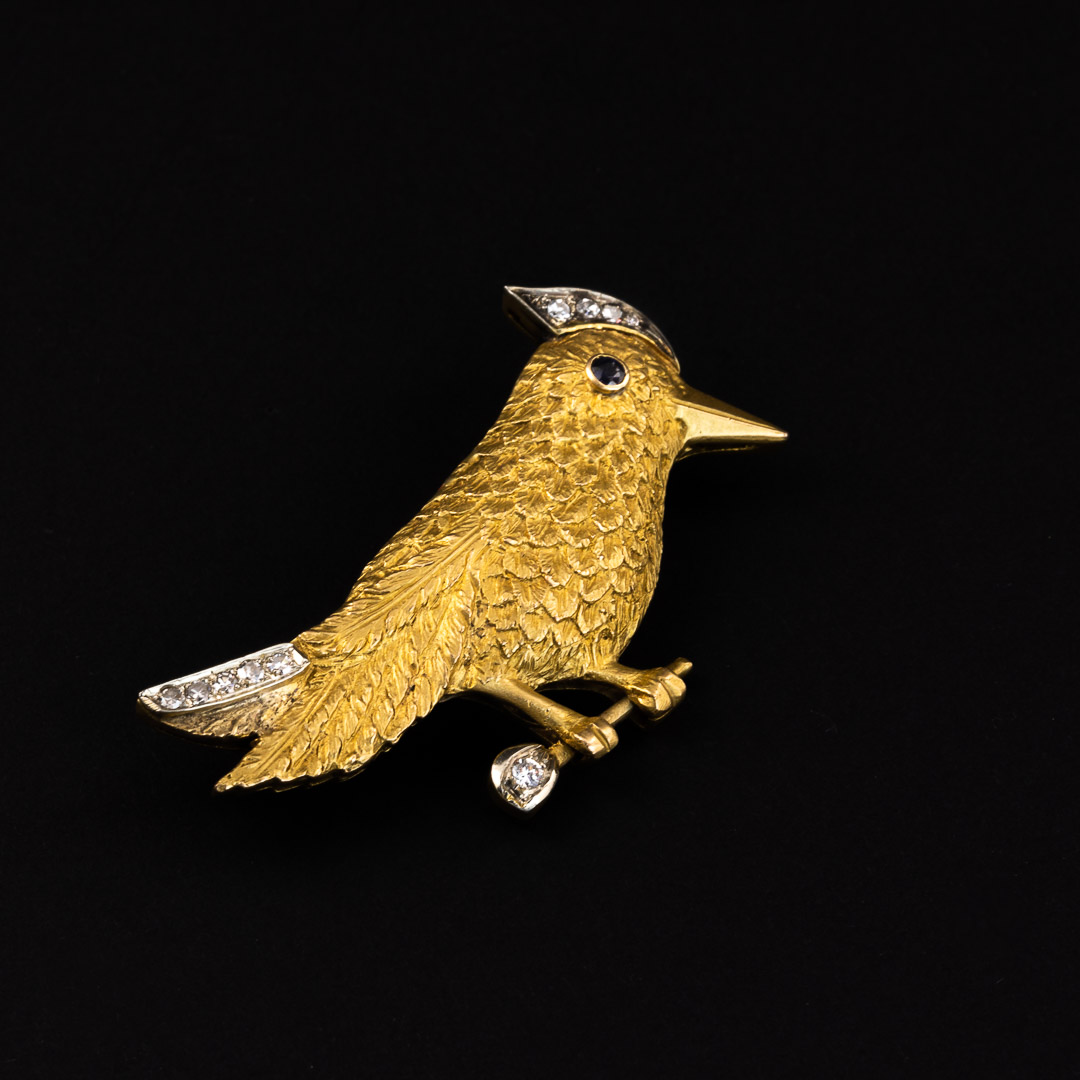 Spilla in oro 18kt, diamanti e zaffiro