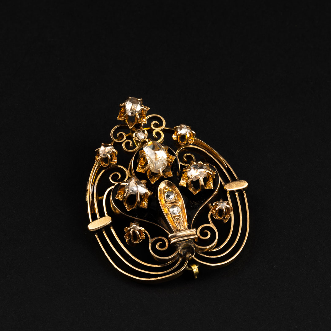 Spilla in oro 18kt, smalto e diamanti